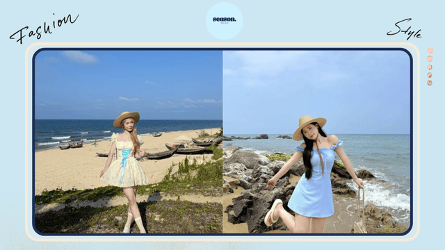 Outfit váy cổ rộng tay bồng mix cùng mũ cói và túi cói
