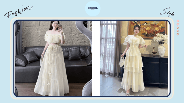 Váy cổ rộng tay bồng dáng xòe nhẹ, gam màu trung tính